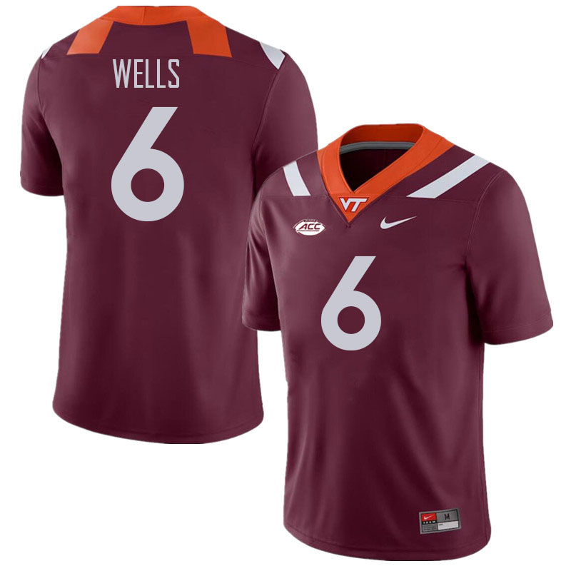 Men #6 Grant Wells Virginia Tech Hokies College Football Jerseys Stitched Sale-Maroon